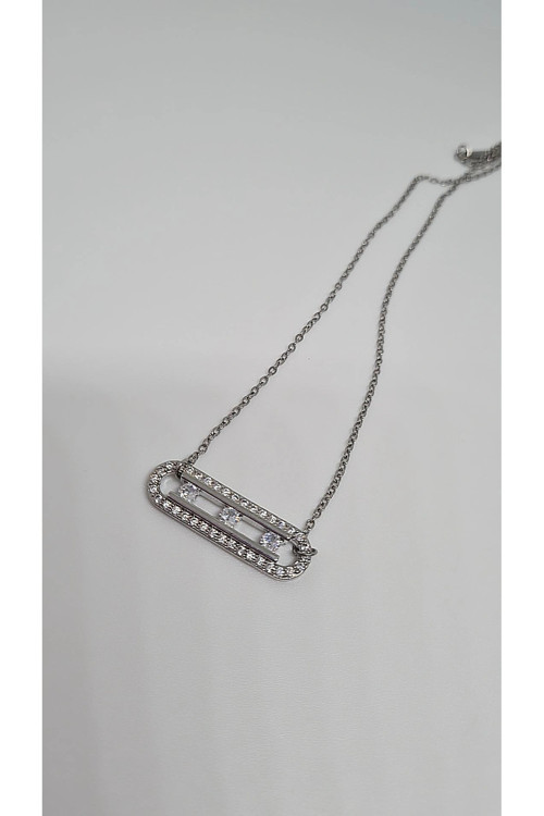 Çelik Silver Taşlı Dikdörtgen Form Kolye