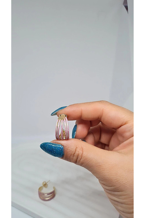 Rose Pembe Mineli Çoklu Halka Küpe