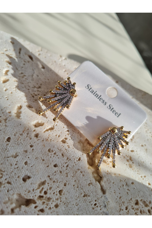 Çelik Taşlı Işın Form Gold Küpe