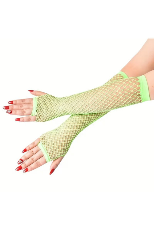 80'ler 90'lar Retro Neon Yeşil File Parmaksız Uzun Parti Eldiveni 26 cm