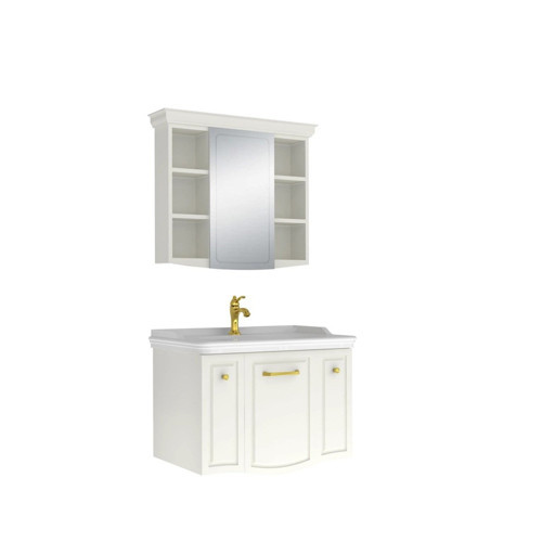 Arte+ 80 Cm Parlak Beyaz Banyo Dolabı Takımı (Altın Kulp)