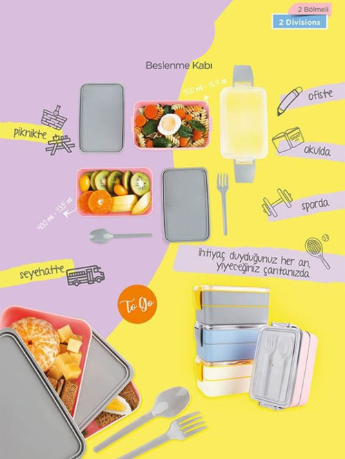 2 Bölmeli 900 ml BPA Free Sızdırmaz Beslenme Kabı Lunch Box Kaşıklı Çatal Seti Okul Ofis Piknik XL