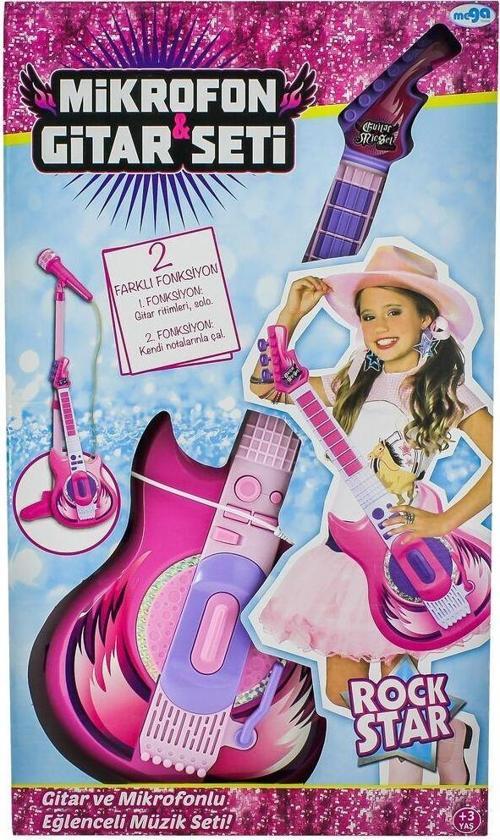 Elektronik Oyuncak Gitar Ayaklı Mikrofon Seti Askılı Çocuk Gitarı Pembe