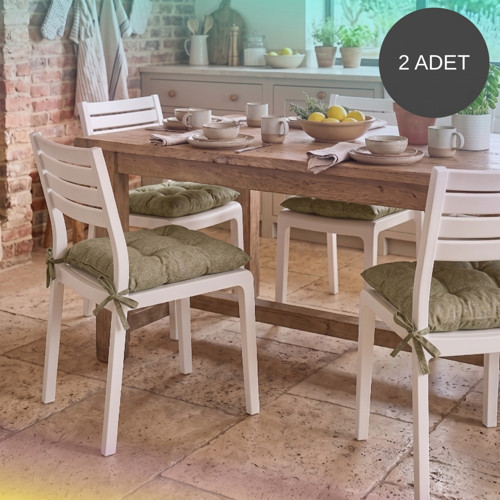 2'Li Set 45x45 Cm Bej Bağcıklı Sandalye Minderi - Pamuk Polyester Kumaş Kırpıntı Süngerli Bahçe ve Mutfak Sandalye Minderi