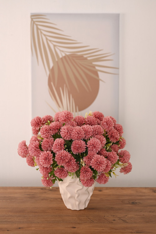 Bordo Yapay Krizantem Çiçeği Demeti 9 Dallı Lüx İpeksi Dokulu Dekoratif Vazo Çiçeği 37 cm