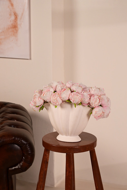 Pembe Premium Yapay Peony Şakayık Çiçeği Buketi 7 Dallı Lüx İpeksi Dokulu Dekoratif Vazo Çiçeği 25 cm