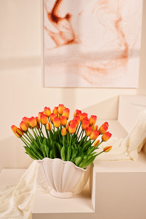 Turuncu Yapay Tulipa Lale Çiçeği Buketi 5 Dallı Premium Canlı Islak Dokulu Dekoratif Vazo Çiçeği 43 cm