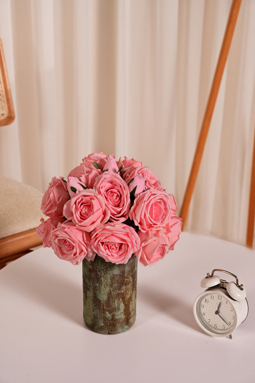 Fuşya Yapay Lüx Gül Buketi 6 Dallı Premium Canlı Islak Dokulu Dekoratif Vazo Çiçeği 30 cm