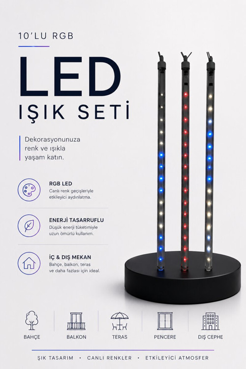 RGB LED Dış Ve İç Mekan Süsleme Işığı 10 Çubuklu Şerit - KTFIAB9473-8095