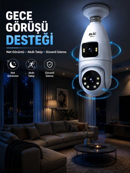 Gece Görüşlü Çift Lens Wi-Fi Ampul Kamera Mobil Takip Destekli - KTFIAB3524-6101