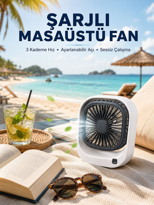 Şarjlı Masaüstü Fan 3 Kademeli Hız Ayarlı Güçlü Hava Akışı - KTFIAB2809-5225