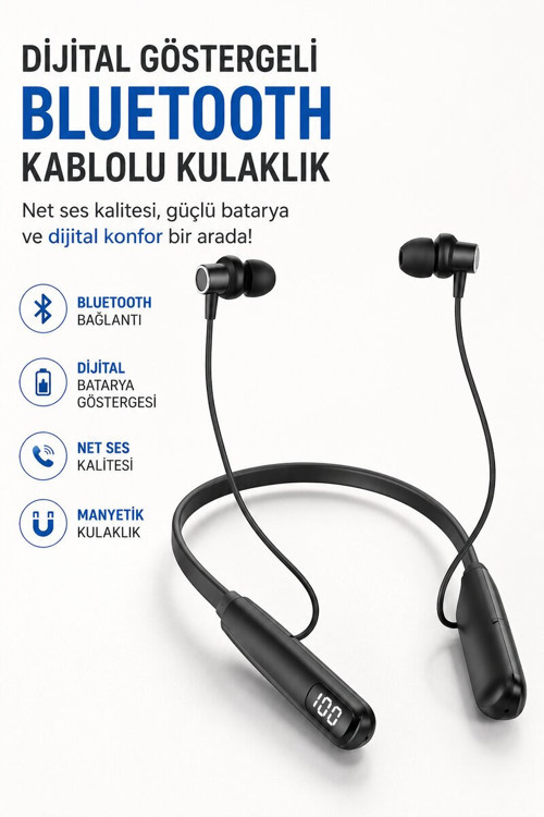 Dijital Batarya Göstergeli Bluetooth Özellikli Boyun Askılı Kulaklık - KTFIAB8841-3988