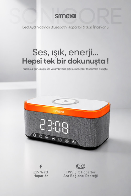 15W Kablosuz Şarj Standlı Bluetooth Hoparlör Yüksek Sesli TWS Ledli Speaker Taşınabilir Dijital Saat
