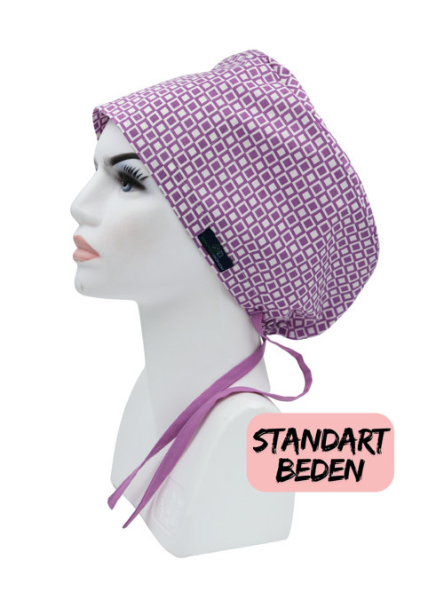 Standart Beden Lila Geometrik Desen Cerrahi Bone Doktor Hemşire Sağlıkçı Hastane Bonesi