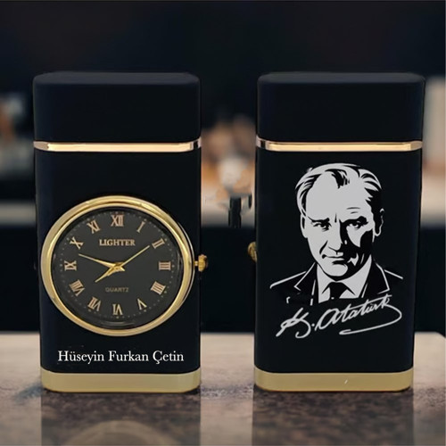 İsme Özel Mustafa Kemal Atatürk İmzası Logolu Turbo Jet Işıklı Saatli Çakmak