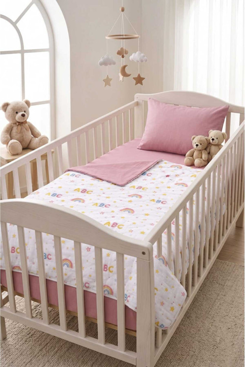 %100 Pamuk Harfli Bebek Nevresim Takımı Pembe