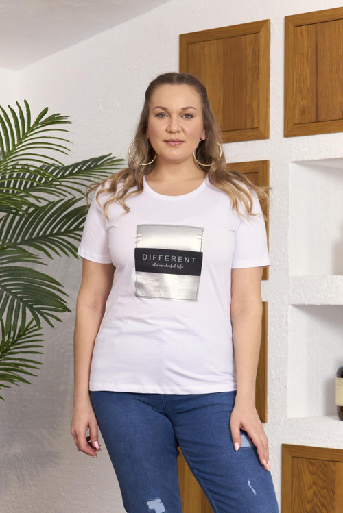 YAKE STORE Varak Baskılı Büyük Beden Beyaz Tişört