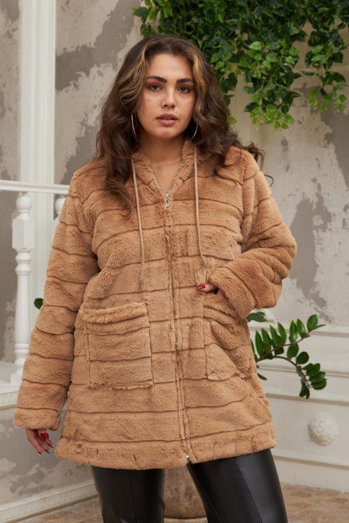 YAKE STORE Cep Detaylı Büyük Beden Uzun Taba Peluş Vizon