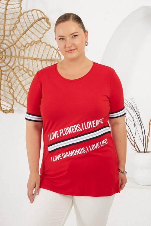 YAKE STORE İ Love Baskılı Büyük Beden Tişört Kırmızı