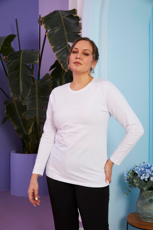 YAKE STORE Bisiklet Yaka Uzun Kol Büyük Beden Beyaz Tişört
