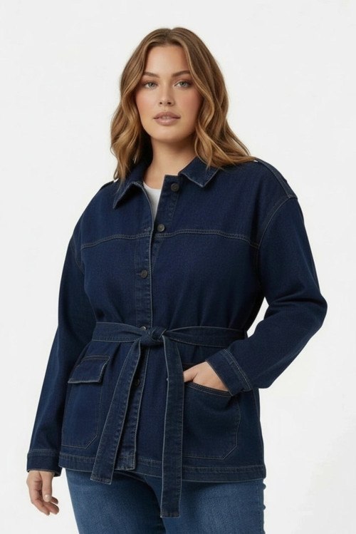 YAKE STORE Bel Bağcık Detaylı Kadın Büyük Beden Kot Ceket Lacivert