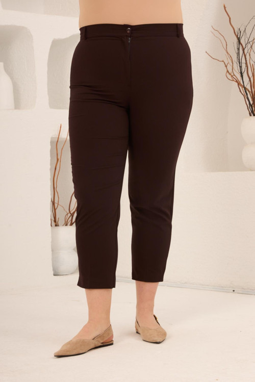 YAKE STORE Paça Yırtmaçlı Büyük Beden Gabardin Pantolon Kahve