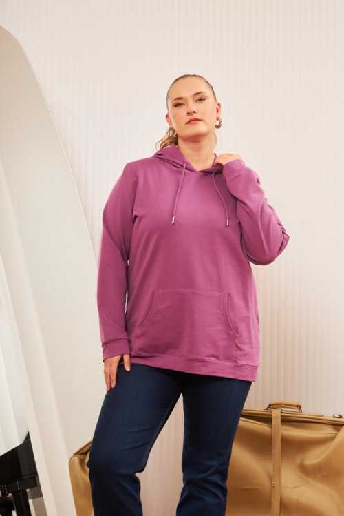 YAKE STORE Kapşonlu Büyük Beden Mürdüm Sweatshirt