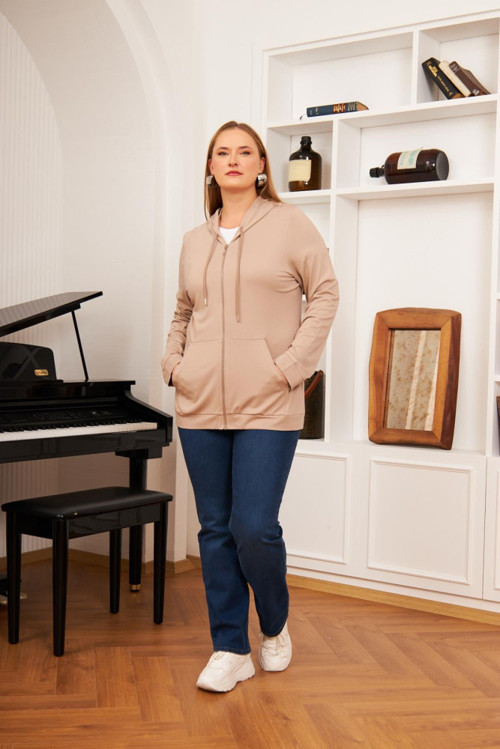 YAKE STORE Büyük Beden Modal Sweatshirt Hırka Vizon