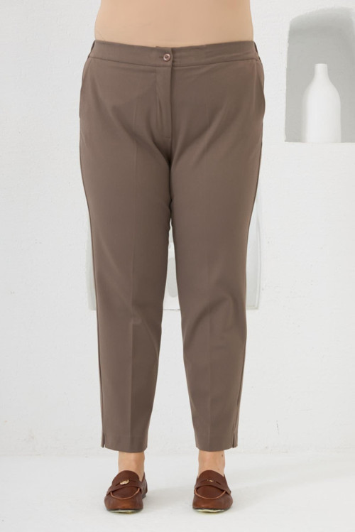 YAKE STORE Bel Lastikli Paça Mini Yırtmaçlı Büyük Beden Kumaş Pantolon Vizon