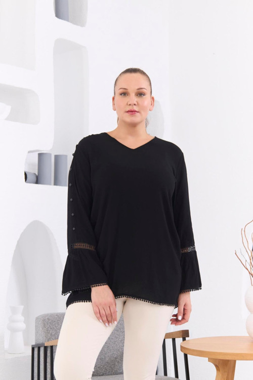 YAKE STORE Kol Detaylı Büyük Beden Kırinkıl Siyah Bluz