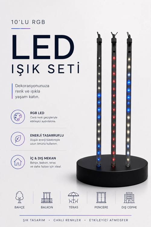 RGB LED Dış Ve İç Mekan Süsleme Işığı 10 Çubuklu Şerit