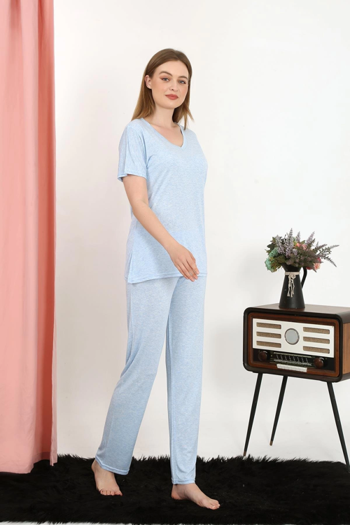 Kadın Kısa Kol Pamuk Penye Pijama Takım Mavi