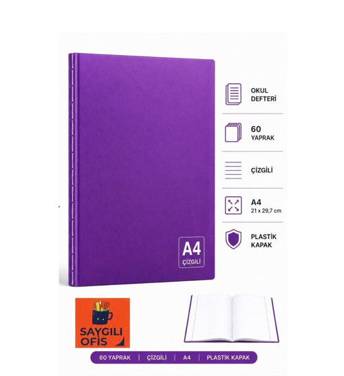 SaygılıOfis 60 Yaprak A4 DİKİŞLİ DÜZ Pp Kapak ÇİZGİLİ Defter