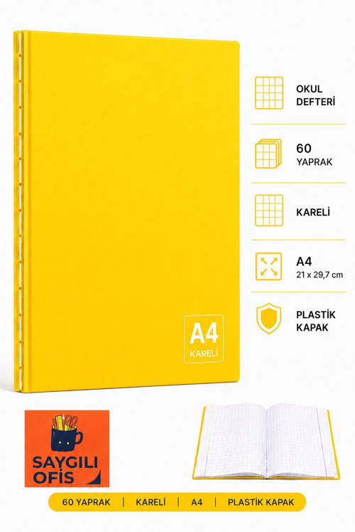 SaygılıOfis 60 Yaprak A4 DİKİŞLİ DÜZ Pp Kapak KARELİ Defter