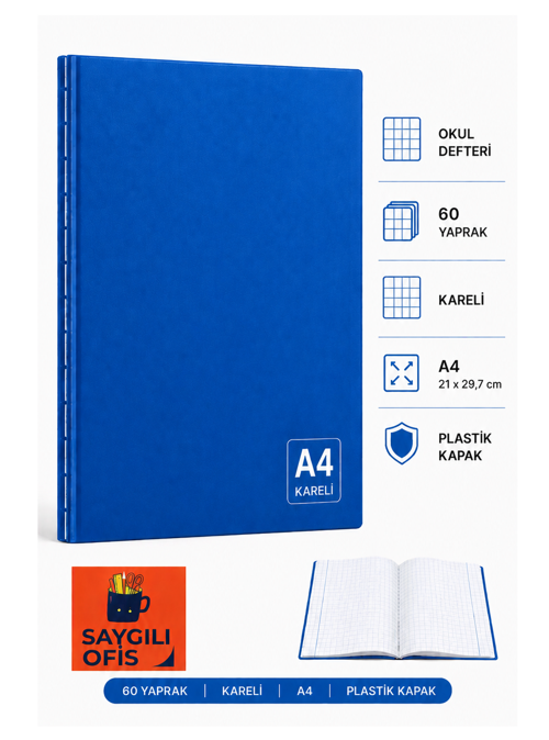 SaygılıOfis 60 Yaprak A4 DİKİŞLİ DÜZ Pp Kapak KARELİ Defter