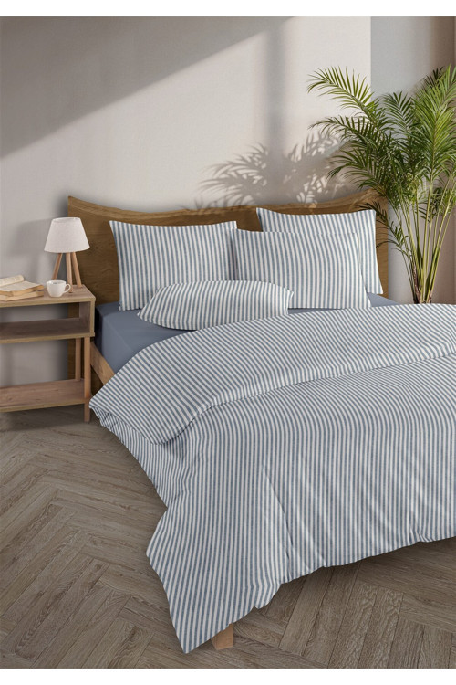 Striped %100 Pamuk Ranforce Yezra Lacivert Ipliği Boyalı Nevresim Takımı Çift Kişilik - 200x220 Cm