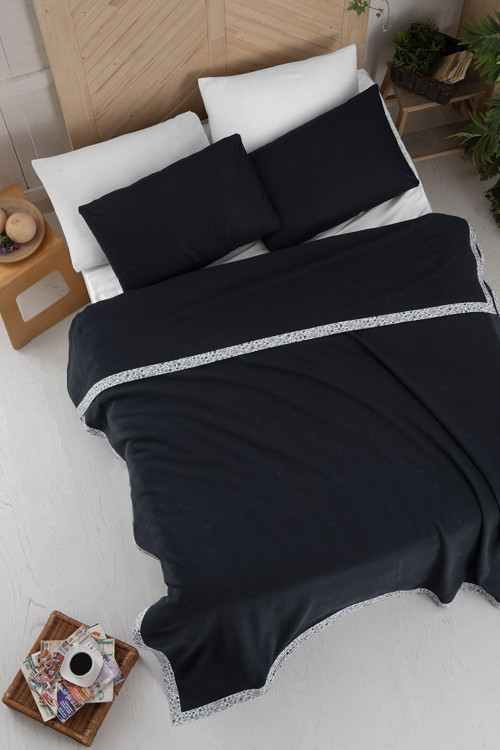%100 Pamuk Kenar Biyeli Lacivert Örtü Seti Çift Kişilik - 200x220 Cm