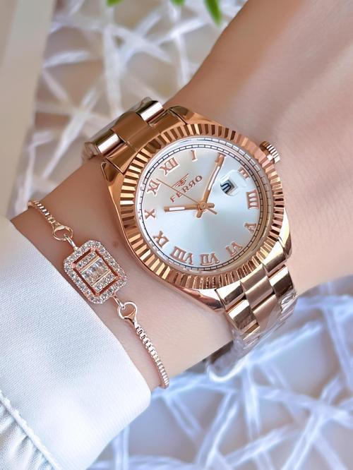 Takvimli Rose/Gold Renk Kararmaz Renk Atmaz 3 Atm  Özel Tasarım Kadın Kol Saati EFL21295C