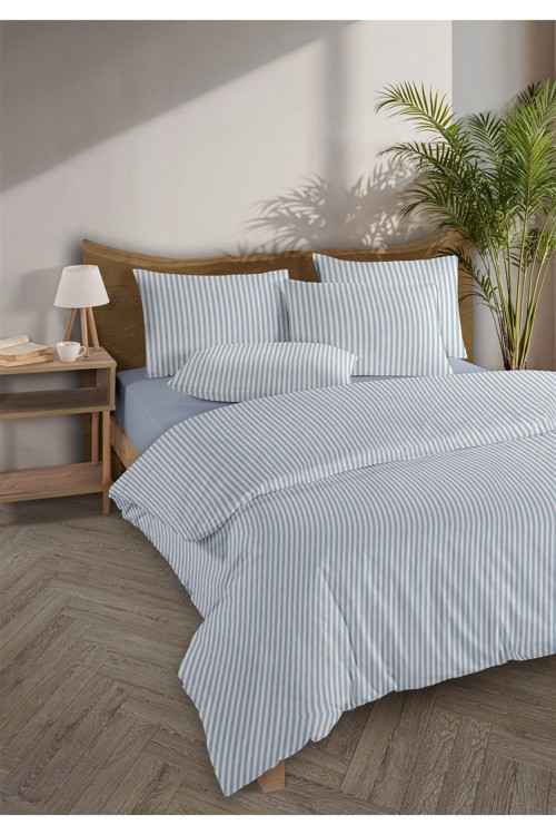 Striped %100 Pamuk Ranforce Yezra Mavi Ipliği Boyalı Nevresim Takımı Çift Kişilik - 200x220 Cm