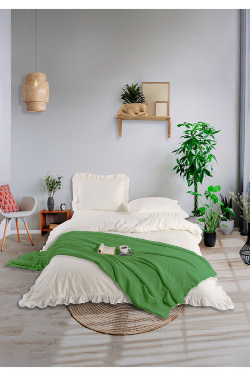%100 Pamuk 4 kat Müslin Çift Kişilik Yatak Örtüsü Yeşil 200 x 230 cm
