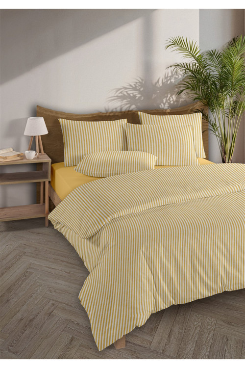 Striped %100 Pamuk Ranforce Yezra Sarı Ipliği Boyalı Nevresim Takımı Çift Kişilik - 200x220 Cm