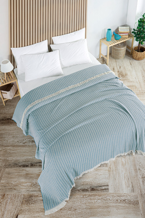 Pamuklu Bige Turkuaz Çok Amaçlı Yatak Örtüsü Çift Kişilik - 200x220 Cm