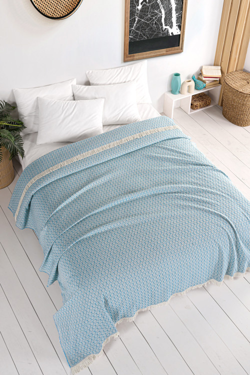 Pamuklu Arem Turkuaz Çok Amaçlı Yatak Örtüsü Çift Kişilik - 200x220 Cm