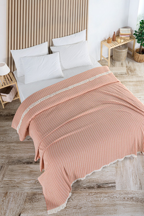 Pamuklu Bige Turuncu Çok Amaçlı Yatak Örtüsü Çift Kişilik - 200x220 Cm
