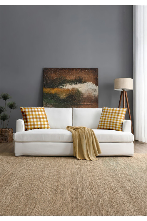 Canvas 2'li Kareli Hardal Sıvı Geçirmez Leke Tutmaz Kırlent Kılıfı 40 x 40 cm