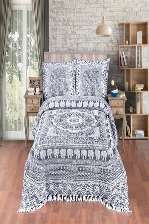 Fil Desenli Pamuklu Koyu Indigo Jakar Yatak Örtüsü - 230x240 Cm