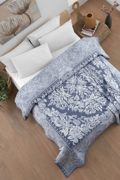 Pamuklu Laria Indigo Jakar Yatak Örtüsü Çift Kişilik - 230x250 Cm
