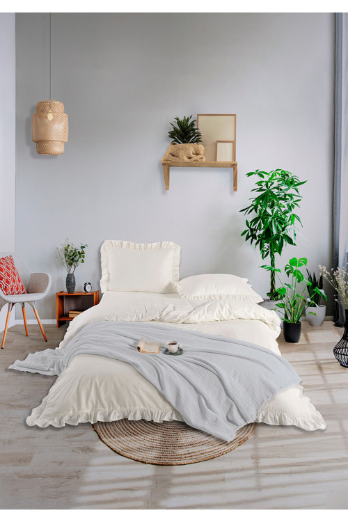 %100 Pamuk 4 kat Müslin Çift Kişilik Yatak Örtüsü Açık Gri 200 x 230 cm