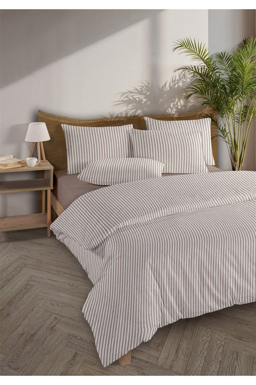 Striped %100 Pamuk Ranforce Yezra Bej Ipliği Boyalı Nevresim Takımı Çift Kişilik - 200x220 Cm
