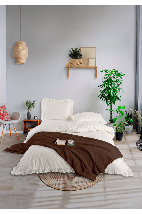 %100 Pamuk 4 kat Müslin Çift Kişilik Yatak Örtüsü Kahve 200 x 230 cm